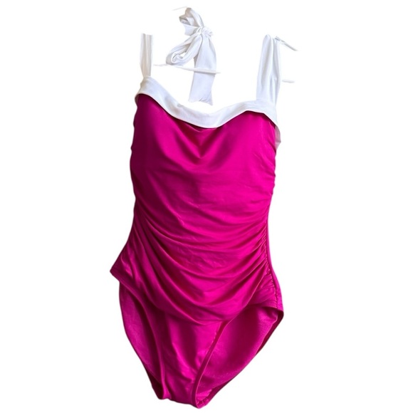 Lauren Ralph Lauren Pink and White One Piece Swimsuit with Ruched Detail - Picture 8 of 11